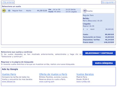 Imagen del módulo de Adsense integrado dentro de la venta online de Ryanair